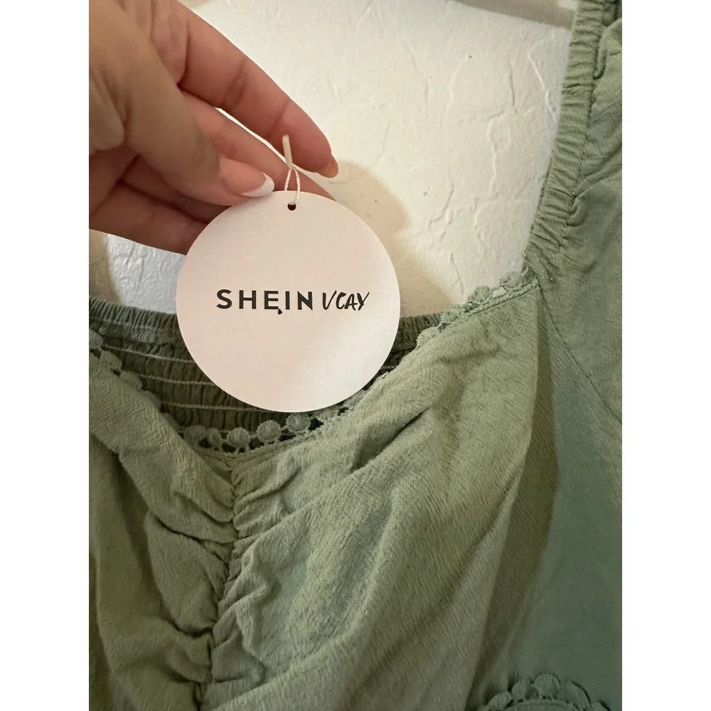 SHEIN VCAY Sage Green Cotton Puff Sleeve Smocked Mini Dress Crochet Trim Size M‎